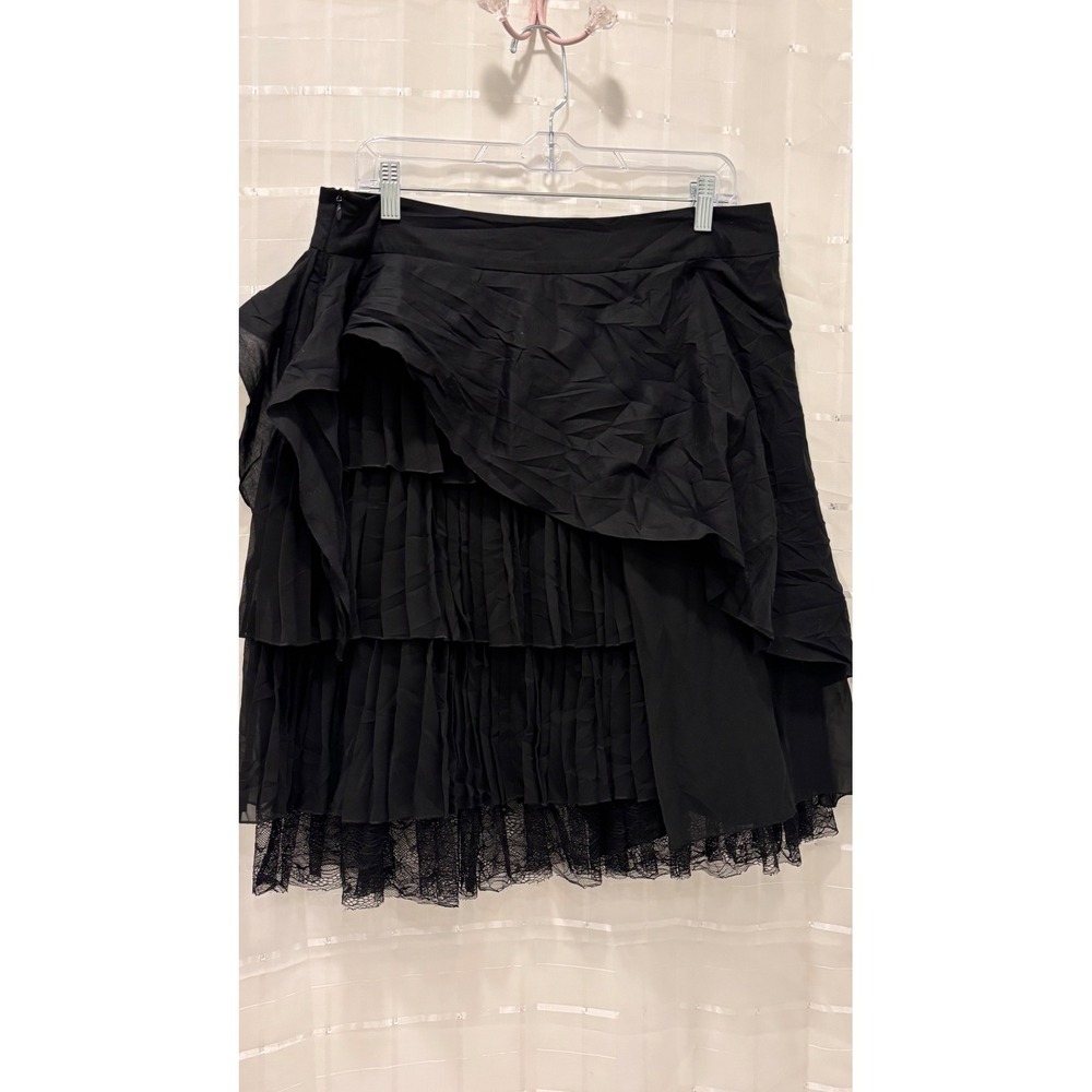 Adolfo Dominguez‎ Black Tiered Ruffle Lace Trim Asymmetrical Mini Skirt Size 12